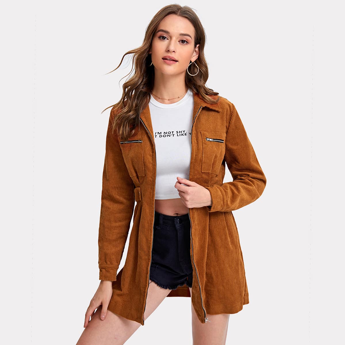 

Belted Zip Corduroy Coat, Brown