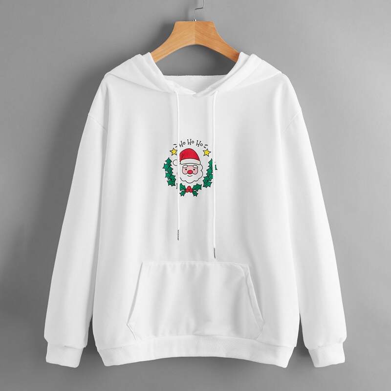 

Christmas Santa Claus Pattern Kangaroo Pocket Hoodie, White
