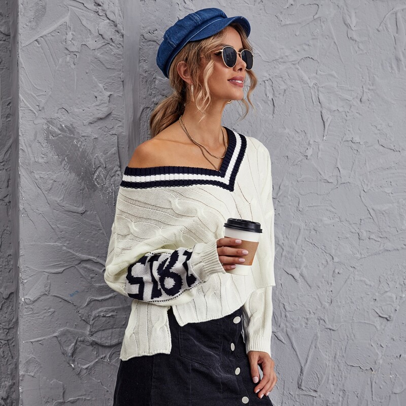 

Striped Neckline Number Pattern Sweater, Beige