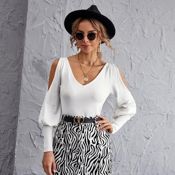 

Cold Shoulder Gigot Sleeve Sweater, White