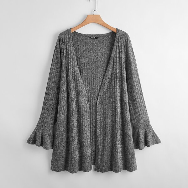 

Plus Solid Flounce Sleeve Ribbed Coat, Dark grey