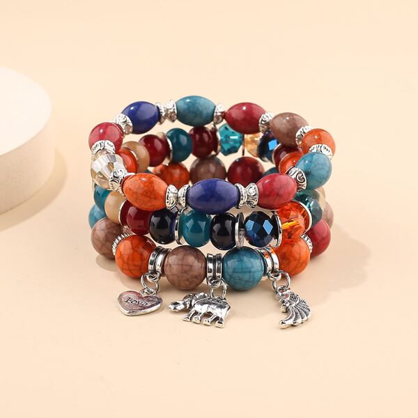 

3pcs Heart Charm Beaded Bracelet, Multicolor