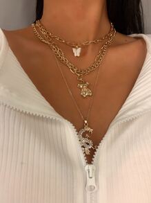 3入組蝴蝶和中文龍吊墜項鍊