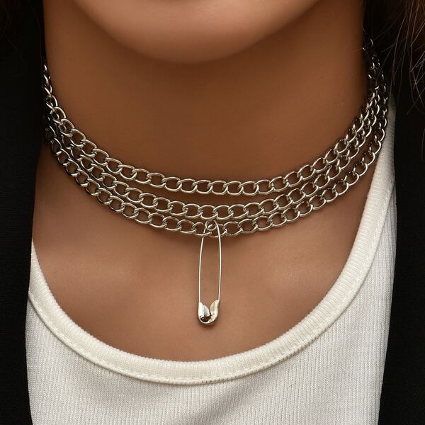 

3pcs Safety Pin Charm Chain Necklace, Silver