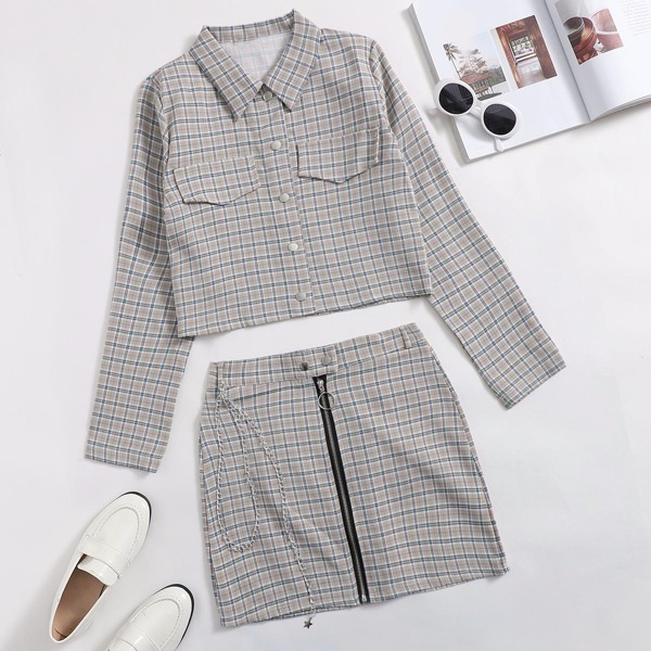 

Flap Detail Plaid Jacket & Zipper Front Skirt Set, Grey