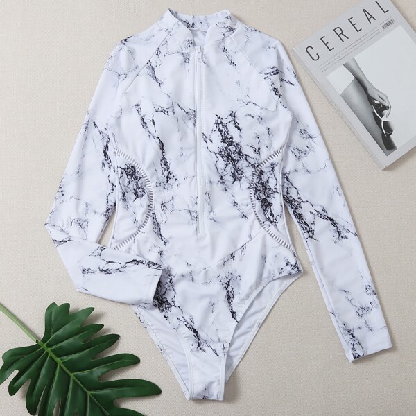 

Marble Print Zipper Front One Piece Swimsuit, White