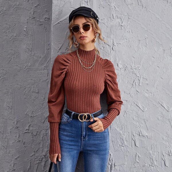 

Raglan Sleeve Rib-knit Sweater, Burnt orange