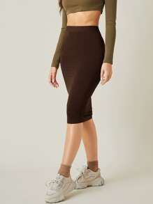 SHEIN BASICS Solid Pencil Skirt/Summer - Chocolate Brown - View 4