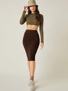 SHEIN BASICS Solid Pencil Skirt/Summer - Chocolate Brown - View 5