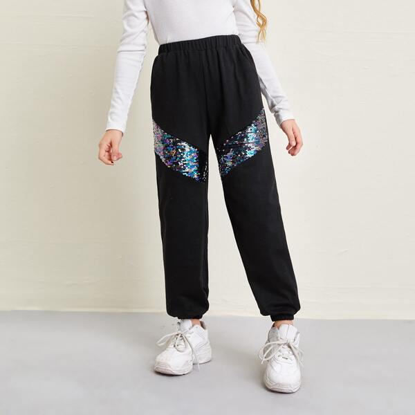 

Girls Contrast Sequin Panel Joggers, Black