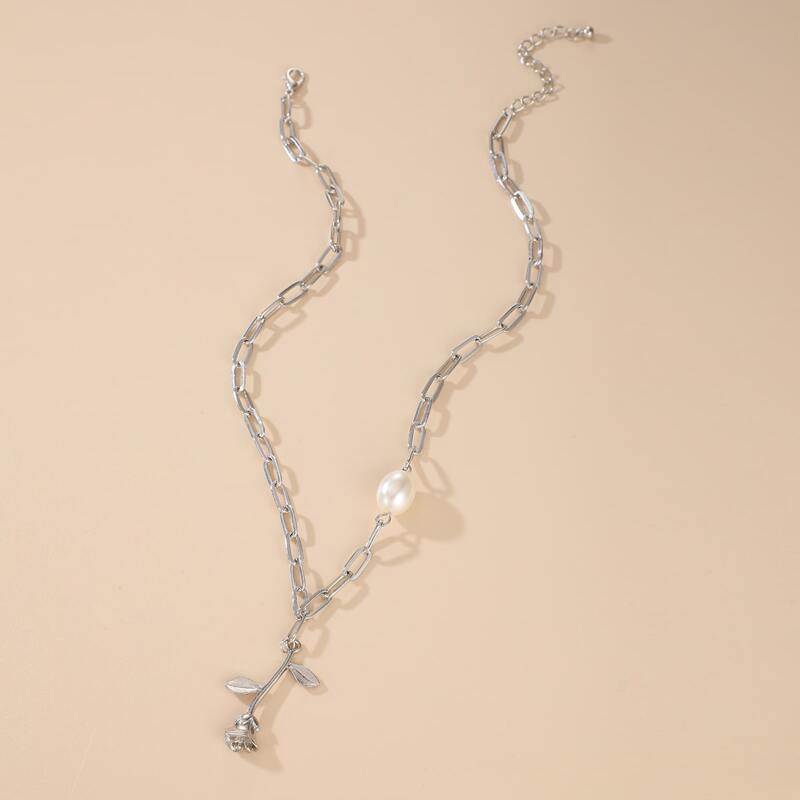 

Faux Pearl & Rose Chain Necklace, Silver