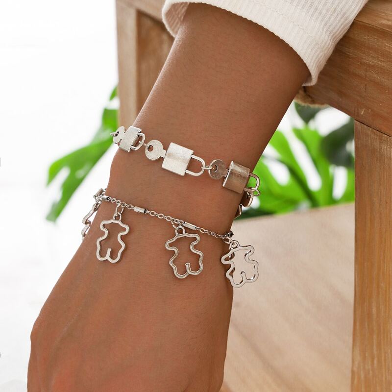 

2pcs Lock & Geo Chain Bracelet, Silver