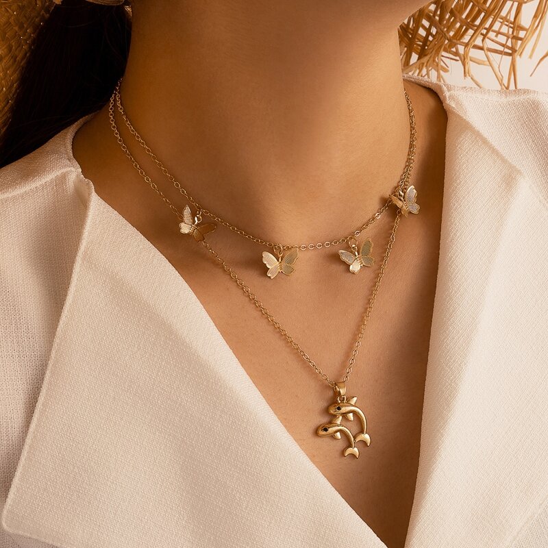 

Butterfly & Dolphin Layered Necklace, Gold