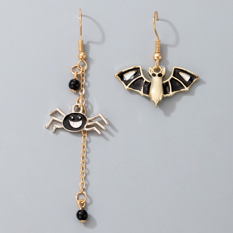 

Halloween Bat Charm Mismatched Drop Earrings, Gold
