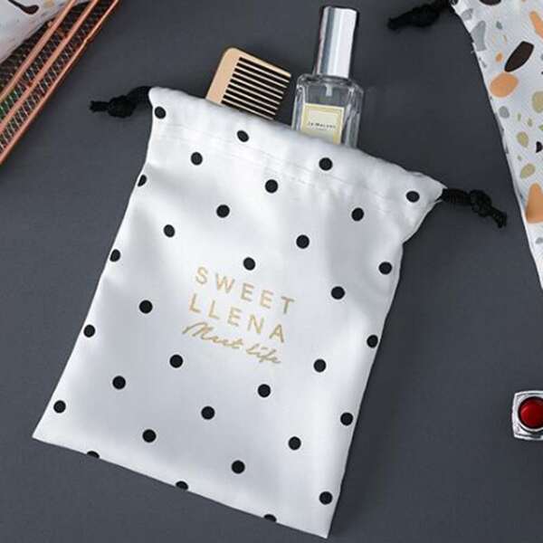 

1pc Polka Dot Pattern Drawstring Storage Bag, Black and white