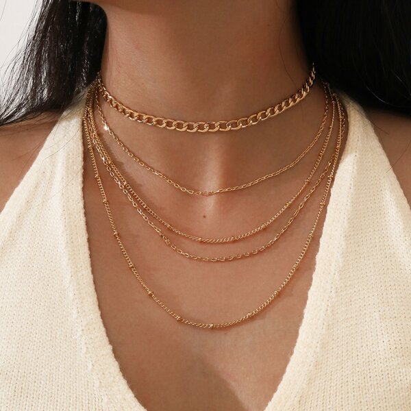 

5pcs Metal Chain Necklace, Gold