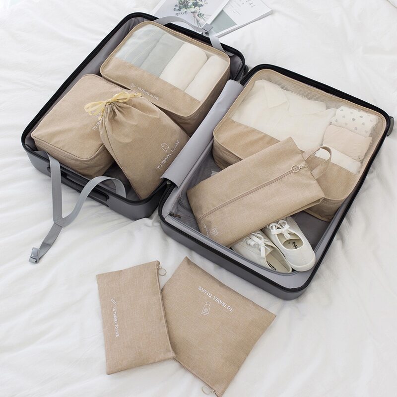 

7pcs Slogan Graphic Travel Storage Bag, Khaki