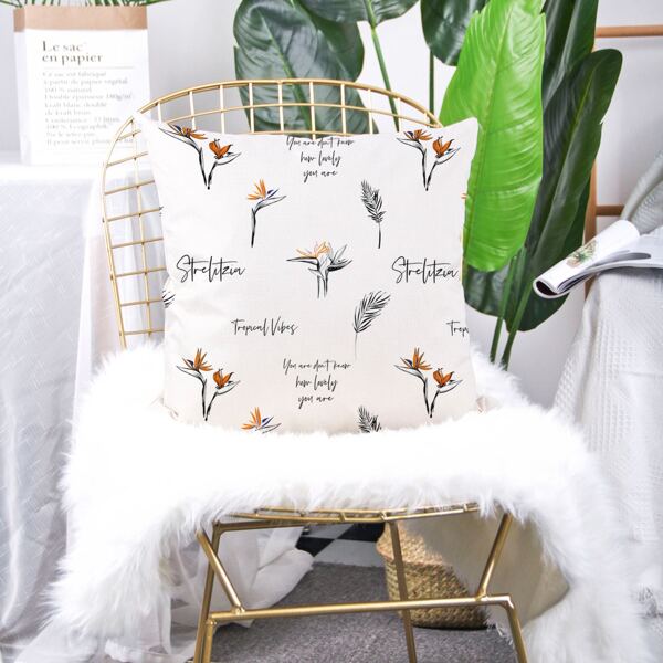 

Flower Print Cushion Cover Without Filler, White