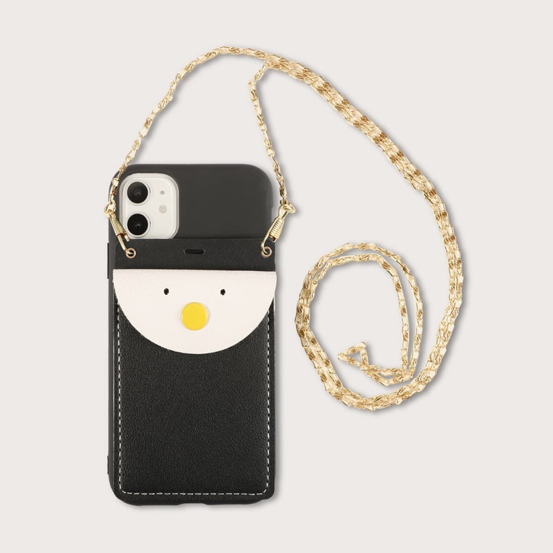 

1pc Chain Detail Wallet iPhone Case, Black