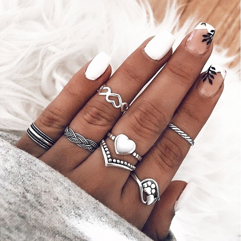 

7pcs Heart Decor Ring, Silver