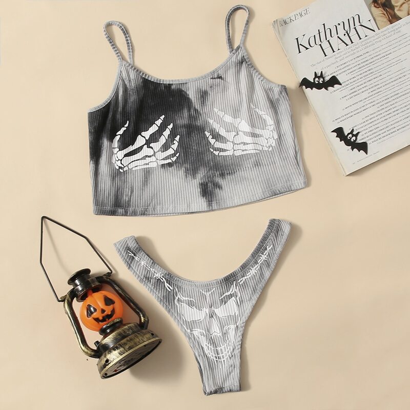 

Halloween Skeleton Print Tie Dye Lingerie Set, Grey