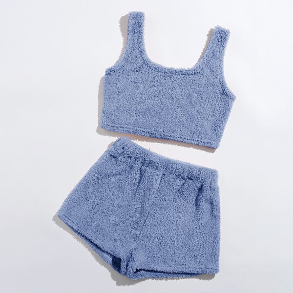 

Flannel Crop Tank Top With Shorts Lounge Set, Dusty blue
