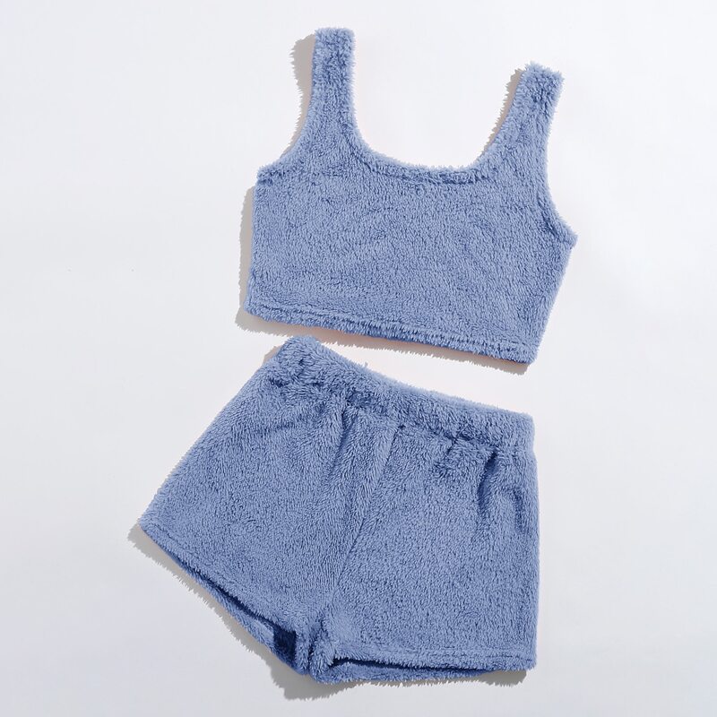 

Flannel Crop Tank Top With Shorts Lounge Set, Dusty blue