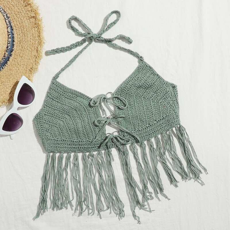 

Ring Linked Tassel Crochet Bikini Top, Green