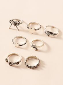 7pcs Star & Bow Decor Ring - Silver - View 3