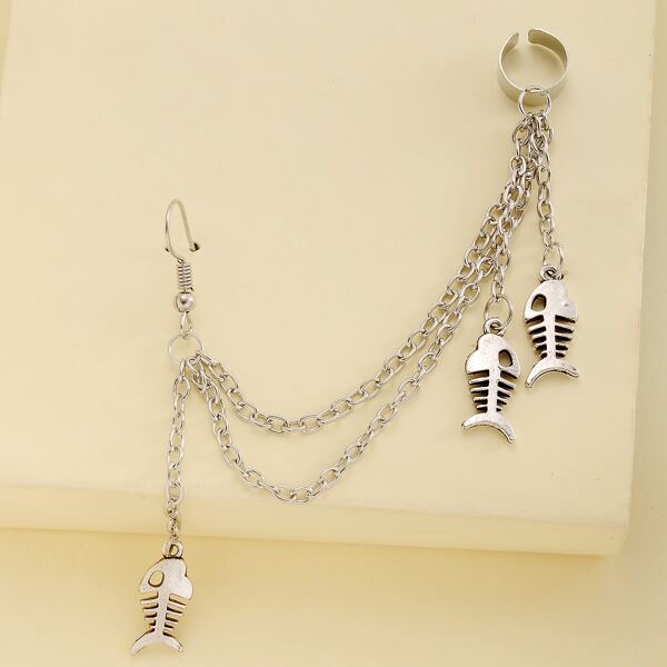 

Fishbone Charm Chain Ear Cuff, Antique silver