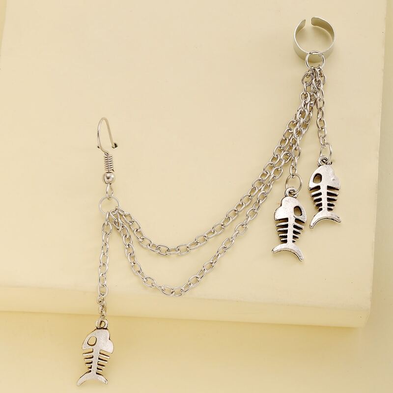 

Fishbone Charm Chain Ear Cuff, Antique silver