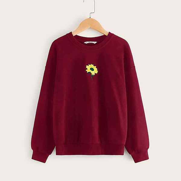 

Girls Drop Shoulder Floral Embroidery Pullover, Burgundy