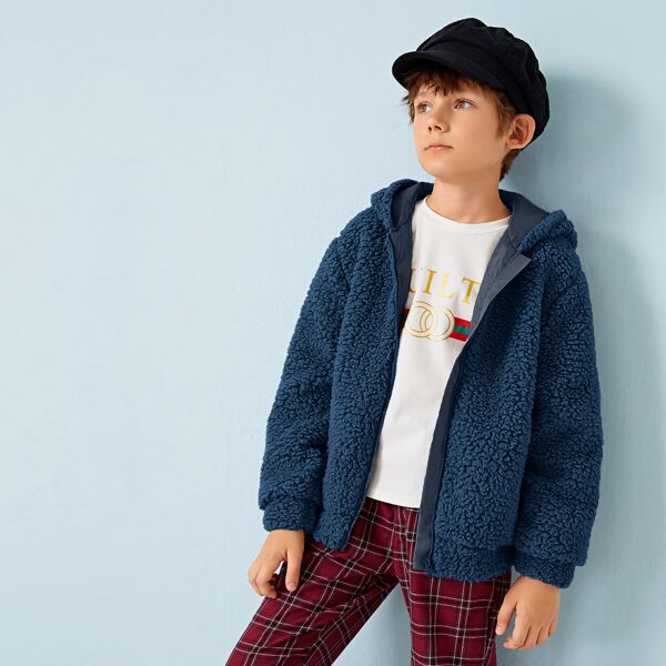 

Boys Zip Up Hooded Teddy Jacket, Navy blue