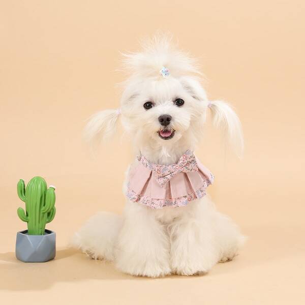 

Flower Print Dog Collar With Bandana, Pink