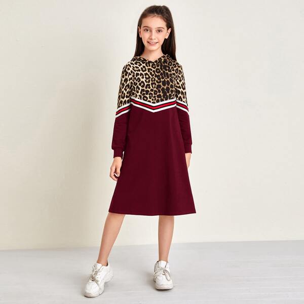

Girls Striped Tape Leopard Panel Hooded Dress, Multicolor