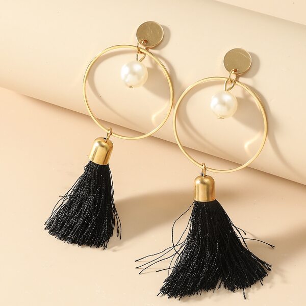 

Faux Pearl Decor Tassel Drop Earrings, Black