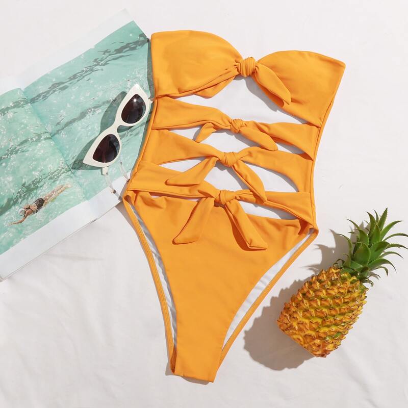 

Knot Front Cut-out One Piece Swimsuit, Orange