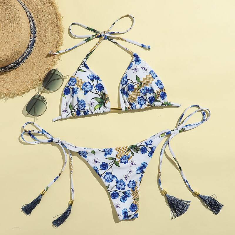 

Floral Tassel Decor Thong Bikini Swimsuit, Multicolor