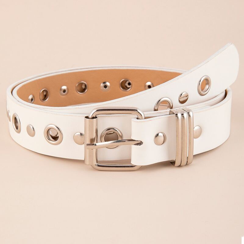 

Eyelet Decor Metal Buckle Belt, White