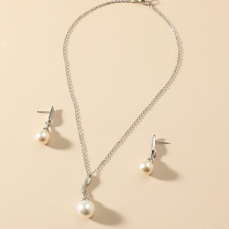 

Faux Pearl Charm Necklace & Earrings, Silver