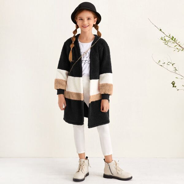 

Girls Open Front Colorblock Teddy Coat, Multicolor