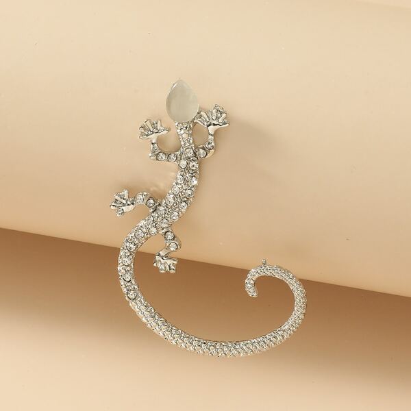 

1pc Rhinestone Gecko Design Earring, Silver
