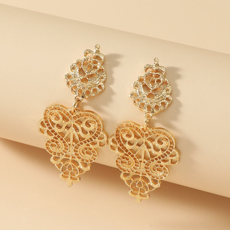 

Hollow Out Flower Engraved Drop Earrings, Gold