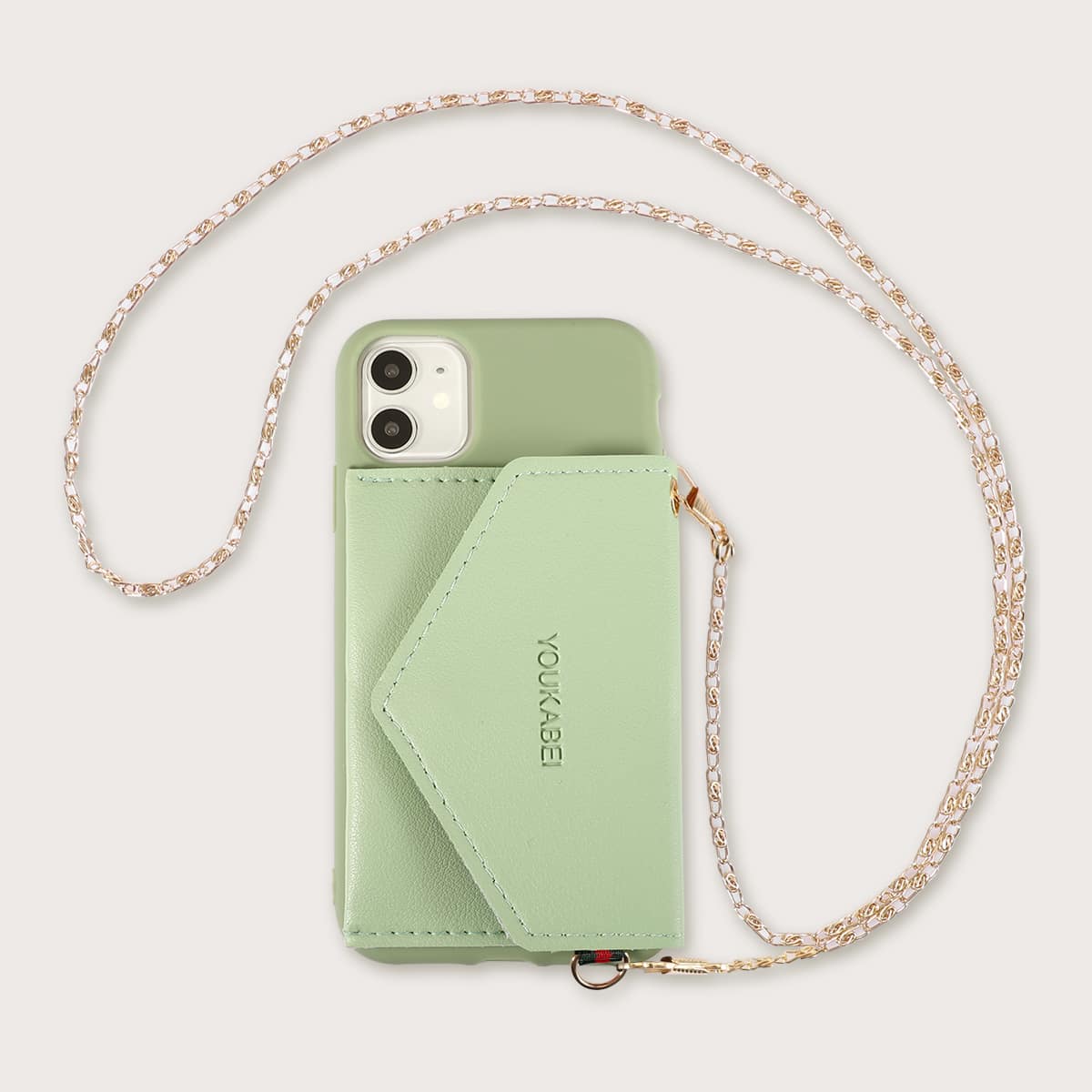 

1pc Chain Detail Wallet iPhone Case, Green