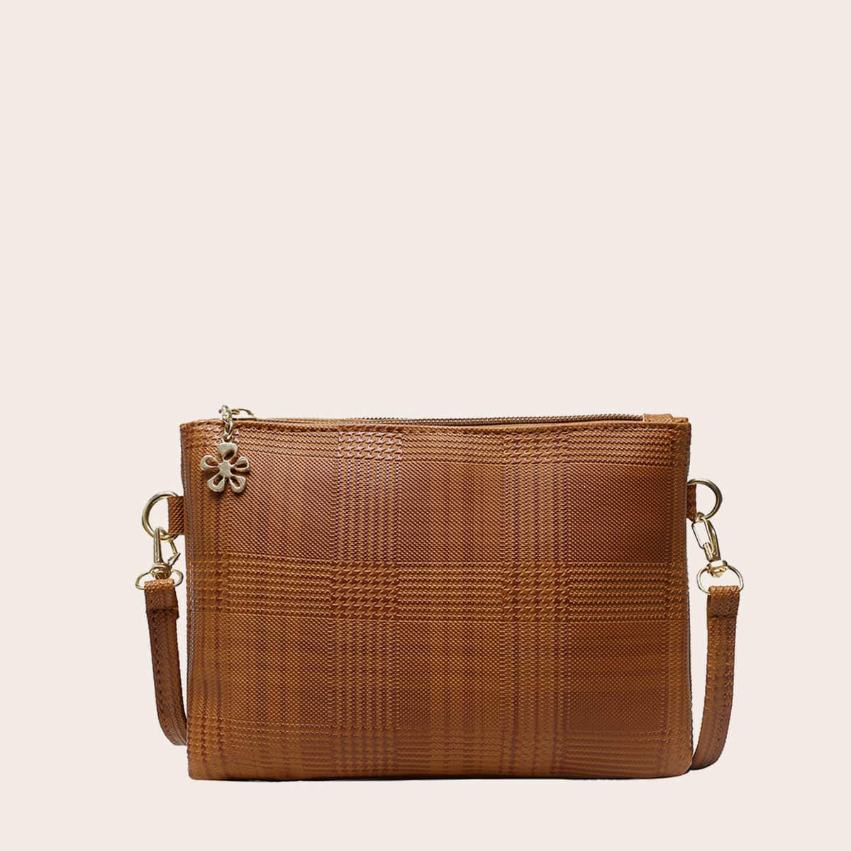 Plaid Pattern Crossbody Bag, Brown