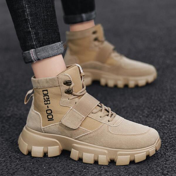 

Men Letter Graphic Velcro Strap Hiking Boots, Khaki