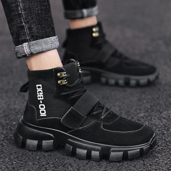 

Men Letter Graphic Velcro Strap Hiking Boots, Black