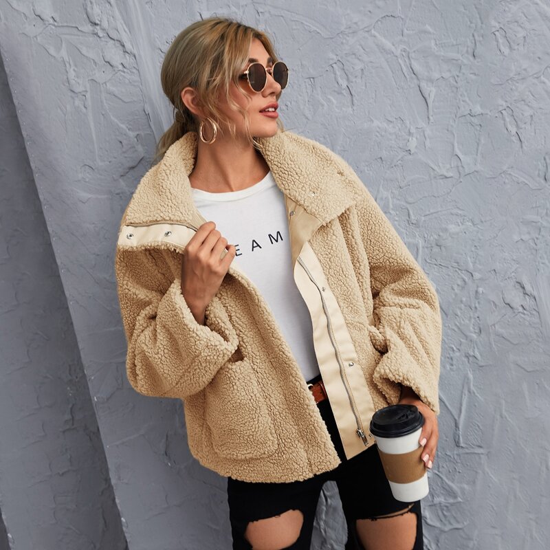 Solid Zip Up Dual Pocket Teddy Jacket, Apricot