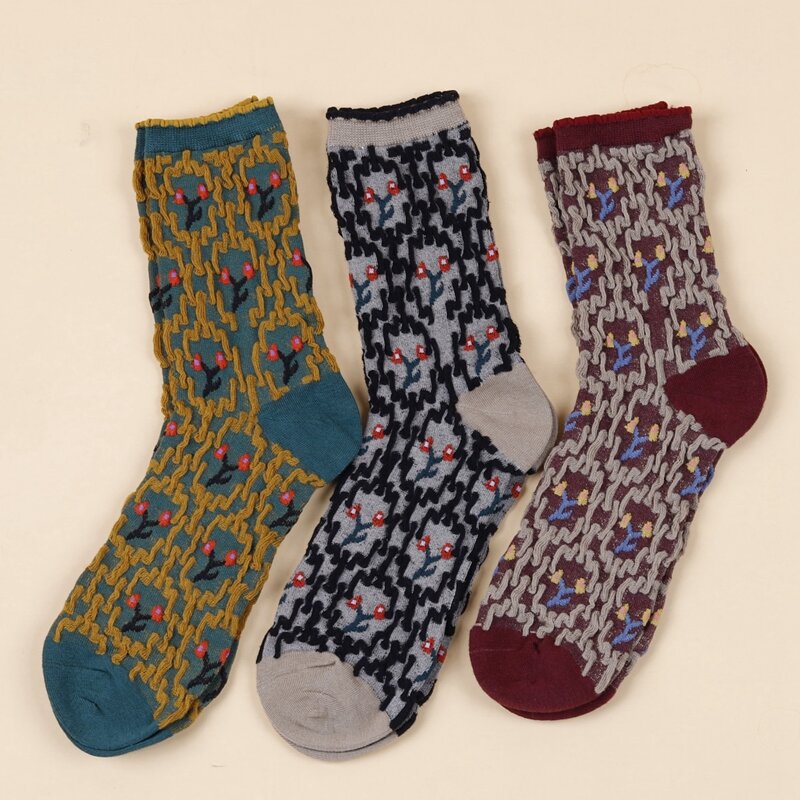 

3pairs Flower Pattern Socks, Multicolor