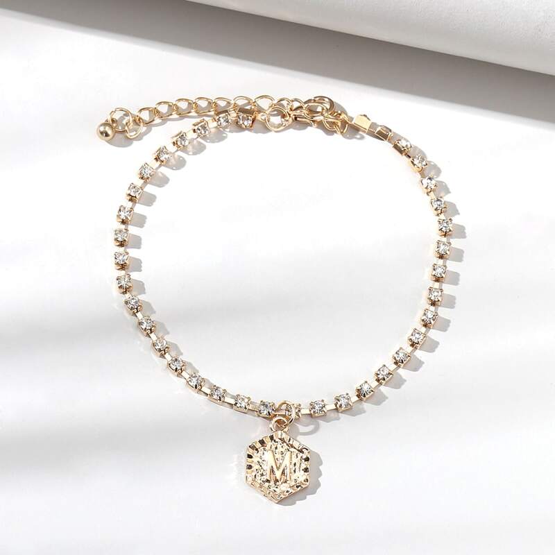 

Rhinestone Decor Geo Charm Anklet, Gold